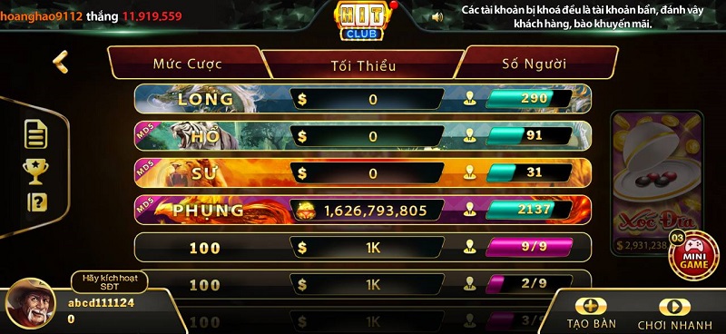 Những hạng mục trò chơi đặc sắc có tại play hit club